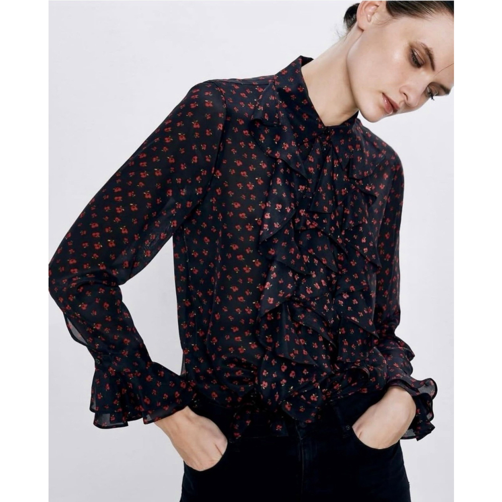 Zara Black Sheer Floral Print Blouse Red Chiffon Romantic Goth Victorian Ruffles